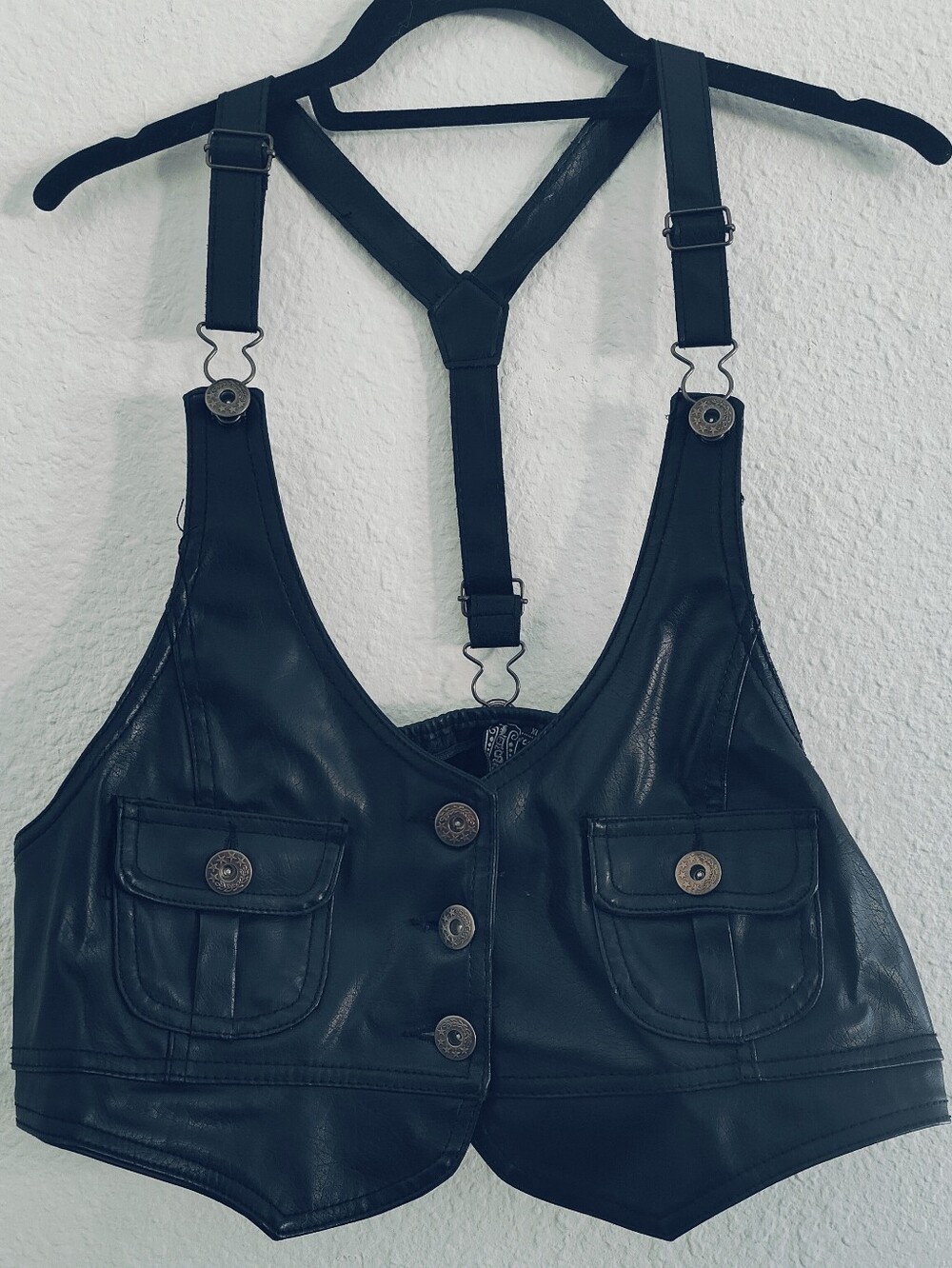 Vintage Last Kiss Black Faux Leather Crop Vest with Adjustable Suspenders